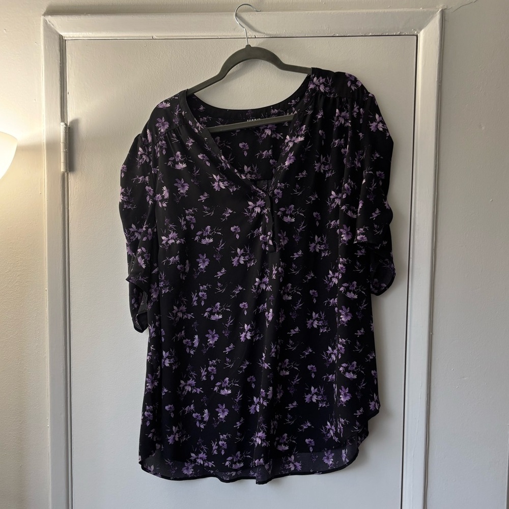 Torrid Black Top with Purple Floral Pattern